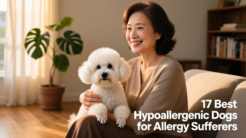 Person smiling while gently petting a small, fluffy dog indoors