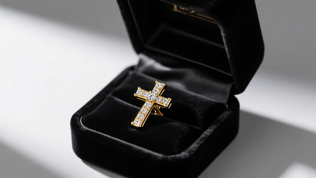 Open gift box revealing a single 18k gold diamond cross earring on black velvet, perfect for a milestone rockstar jewelry gift.