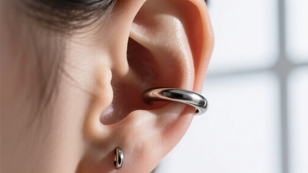 Studio photo of a 10mm titanium daith hoop, showing the exact clearance between the inner diameter and the ear crus cartilage.