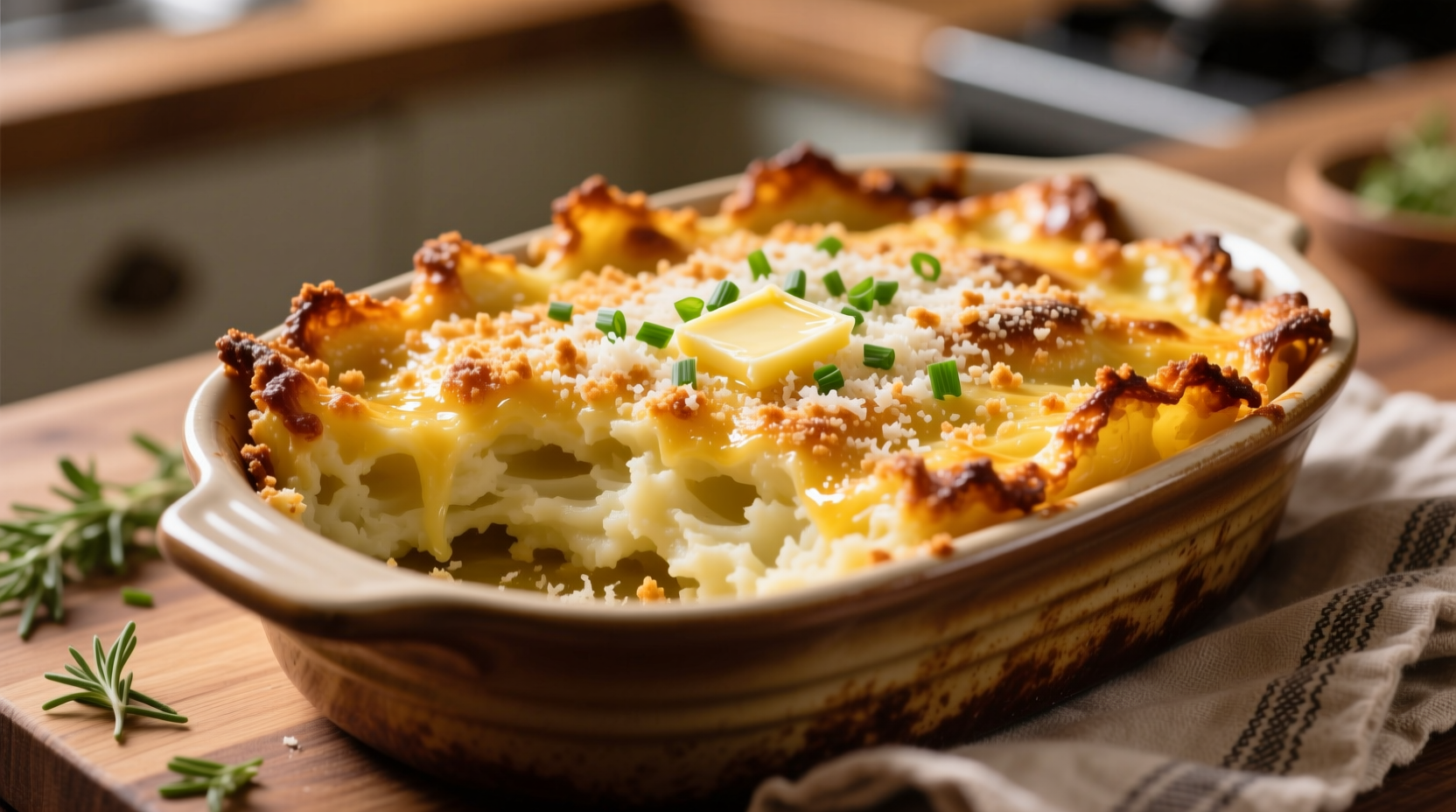 Golden baked potato casserole with crispy edges