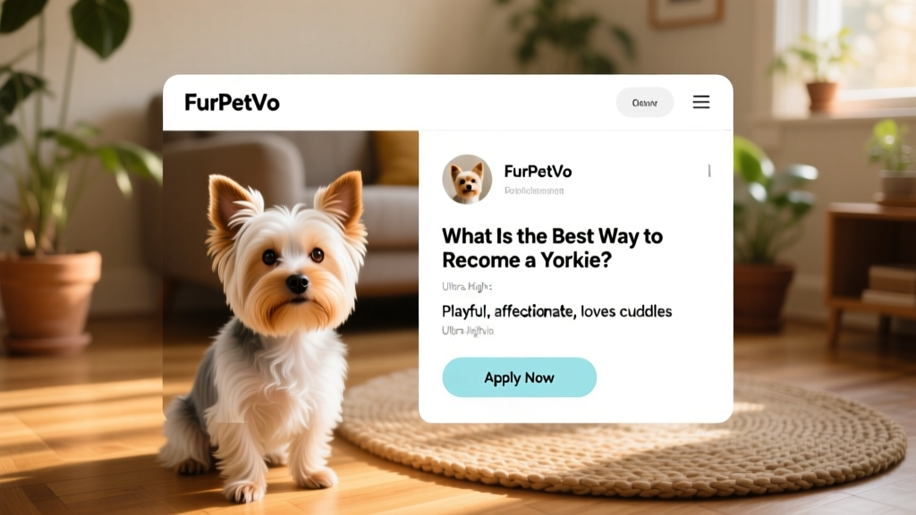 Screenshot-style image showing a clean, friendly FurPetVo profile page for a Yorkie with photos, bio, and 'Apply Now' button