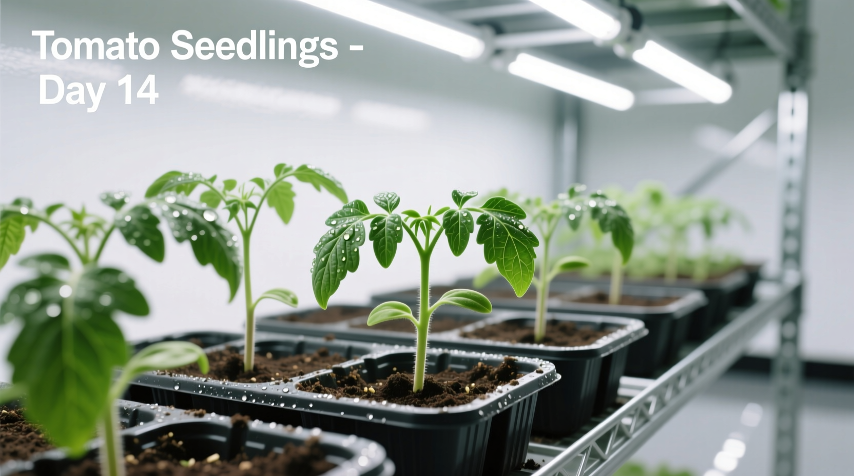 Tomato seedlings growing under grow lights in trays