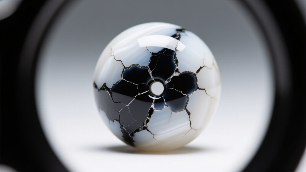 Macro view of a dyed howlite bead through a loupe, showing dark dye pooling in stone cracks under bright, direct studio lighting.