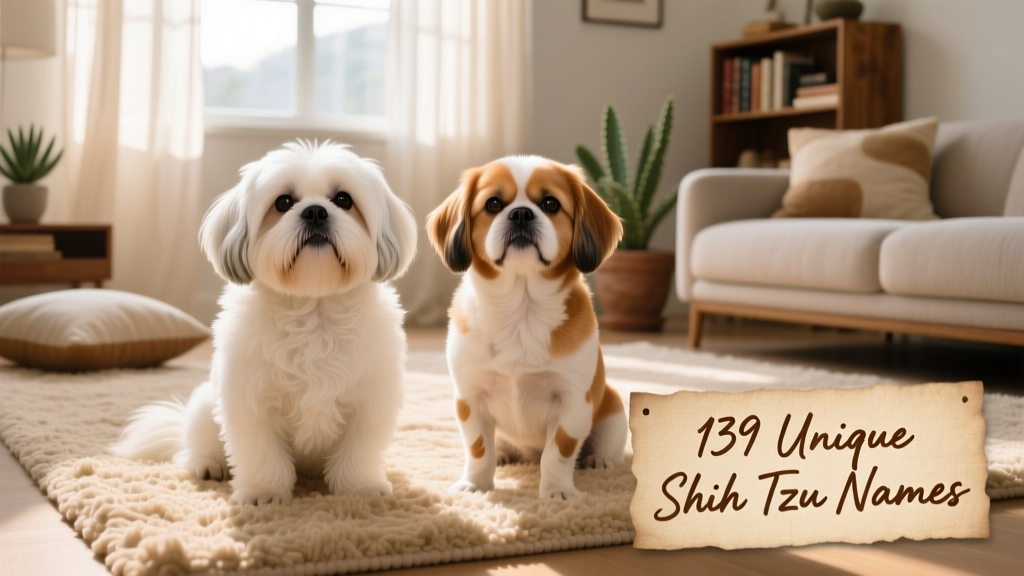 Two Shih Tzus—one with a fluffy white coat, another with caramel-and-cream markings—posing side-by-side on a cozy rug