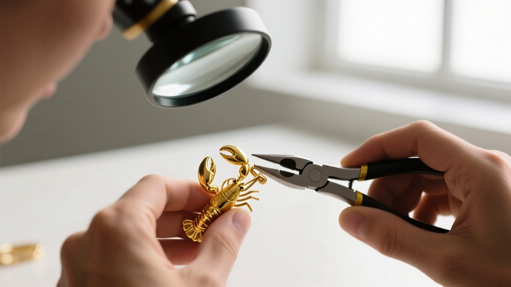 Jeweler using nylon-jaw pliers to gently realign the lever of an 18k yellow gold lobster claw clasp under a magnifying loupe.