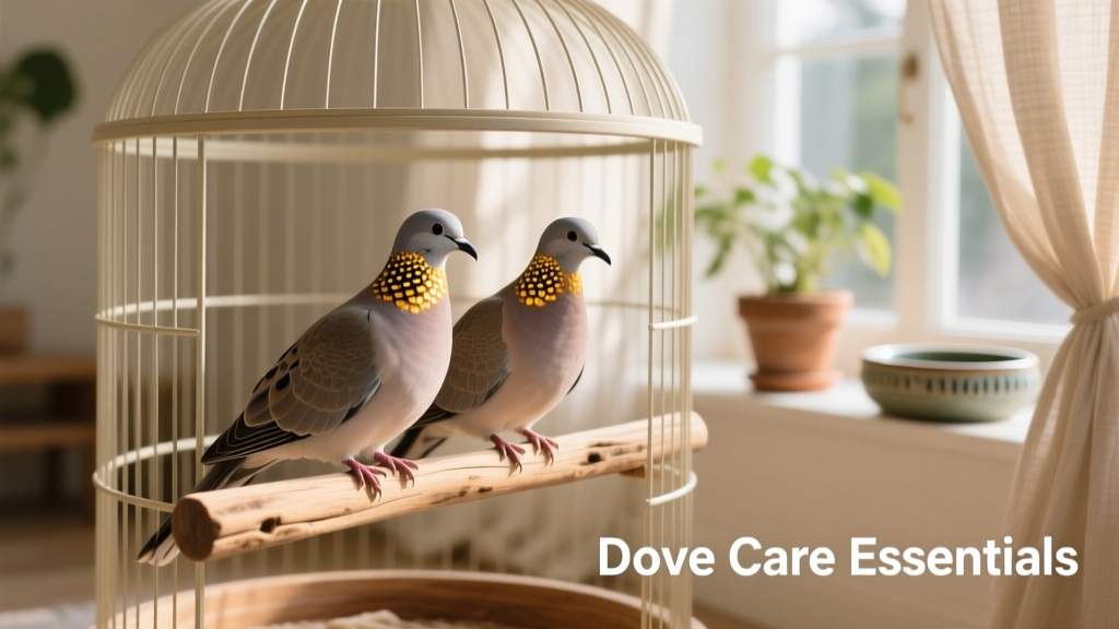 A pair of ring-necked doves perched side by side on a natural-wood perch inside a spacious, well-appointed cage