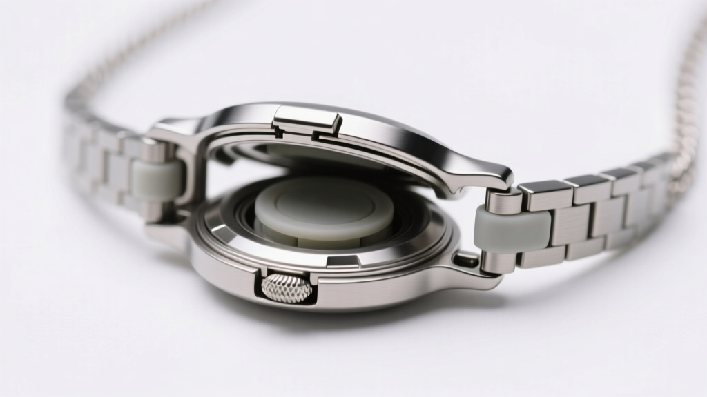 Close-up of a titanium magnetic necklace clasp with a hidden silicone safety catch, shown open against a clean white background.