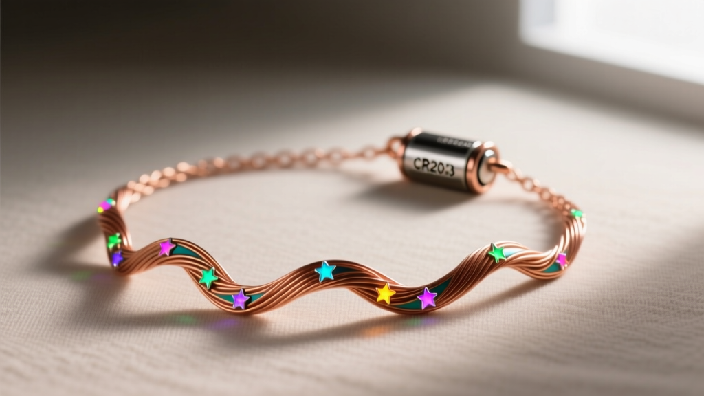 Macro shot of a 0.2mm enamel-coated copper wire necklace featuring tiny SMD micro-LED diodes and a small CR2032 battery pack