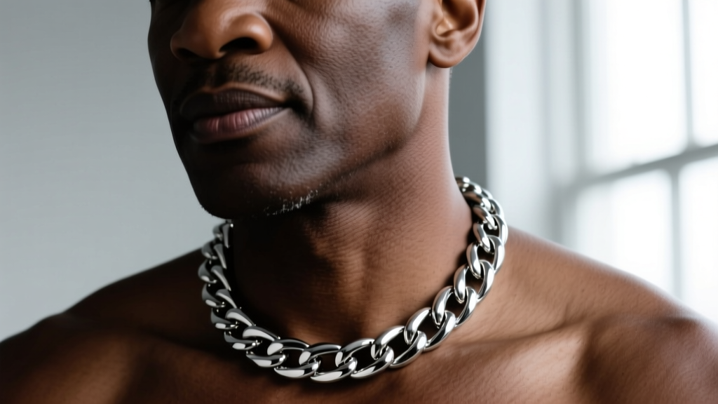 Close-up of a man wearing a 16-inch silver Cuban link choker necklace sitting snugly against his collarbone under studio lighting