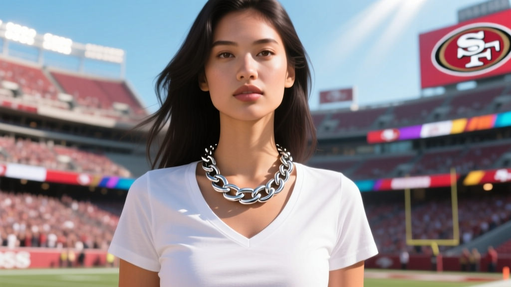 Female fan wearing a layered 18-inch curb chain 49ers necklace over a casual white v-neck t-shirt, bright stadium daylight mood.