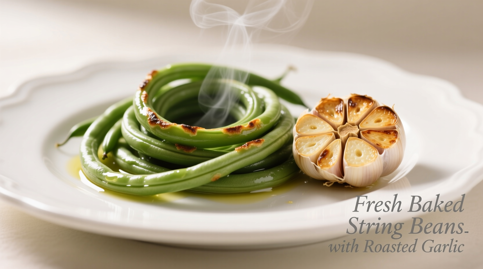 Fresh baked string beans with roasted garlic on white plate