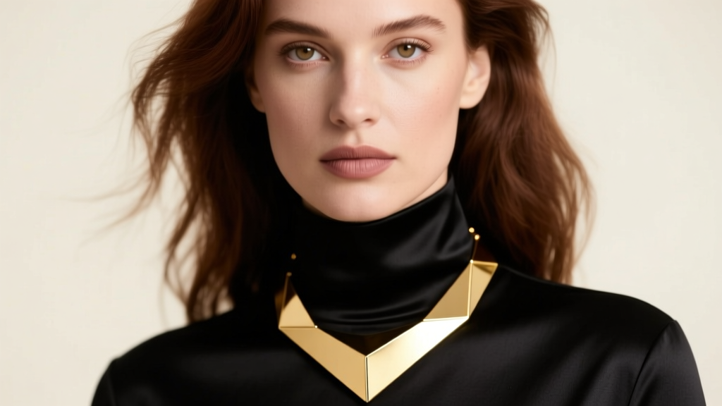 Close-up of a woman wearing a bold 18k gold vermeil geometric collar necklace over a black silk turtleneck, soft studio lighting.