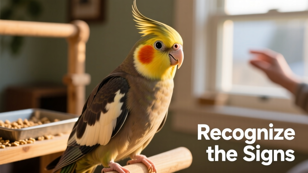 Close-up of a healthy, alert cockatiel perched upright with bright eyes and smooth feathers