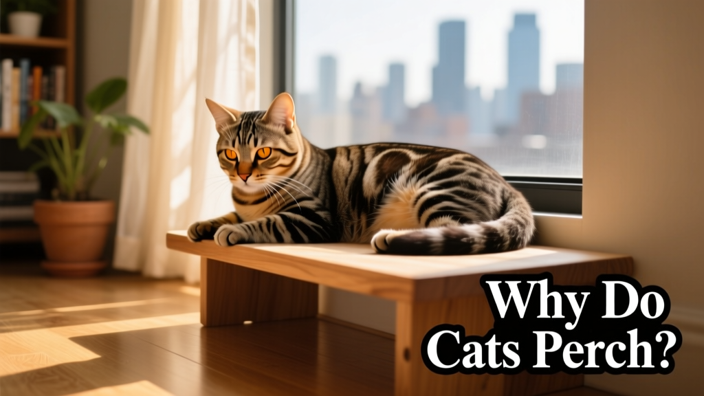 a tabby cat lying on a window cat perch and looking down
