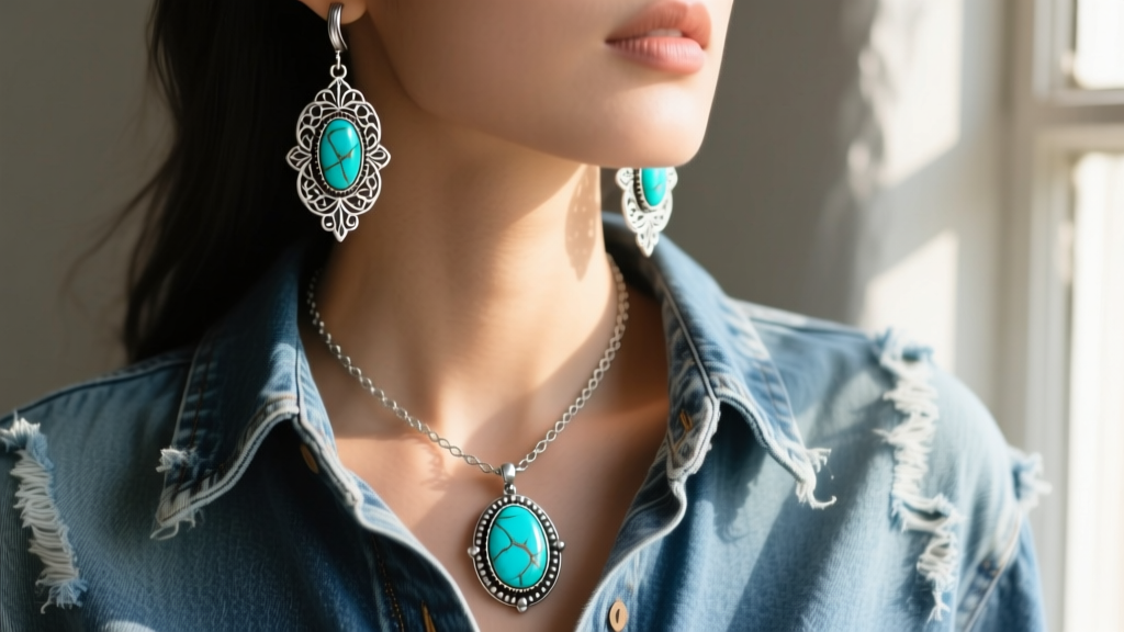 Sterling silver and turquoise dangle earring with a matching Western necklace against a faded denim shirt in warm natural light.