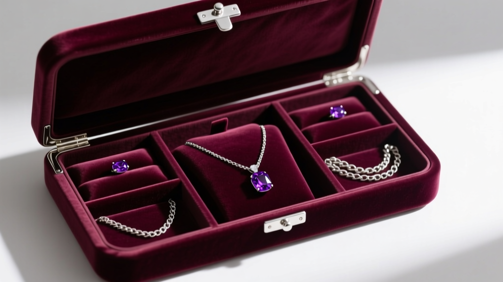 Velvet jewelry box with separate slots for a purple sapphire necklace and silver chains, designed to prevent scratching and tarnish