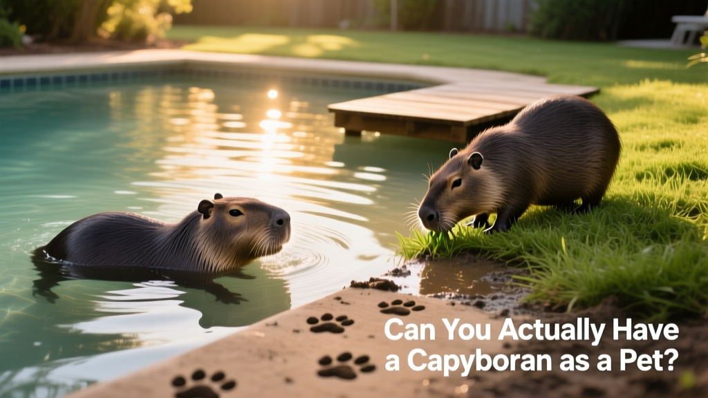 Side-by-side view of a capybara swimming and another grazing on grass near a pool edge