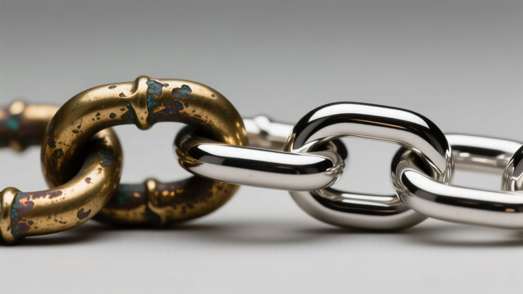 Macro shot comparing a tarnished brass chain link next to a bright rhodium-plated sterling silver chain under studio lighting.