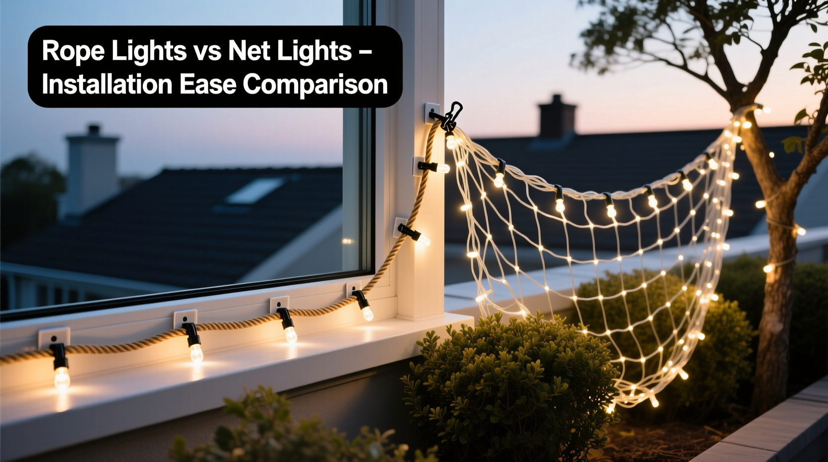 rope lights vs net lights which is easier to install on windows and bushes