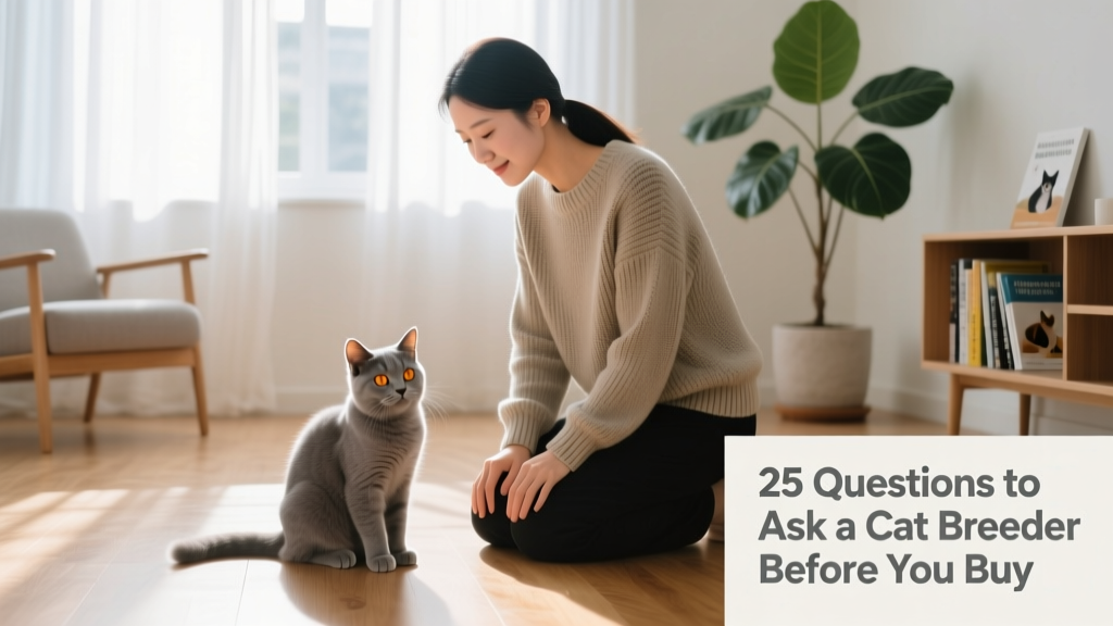 A calm, well-socialized kitten sitting beside its proud, attentive breeder in a clean, sunlit home environment