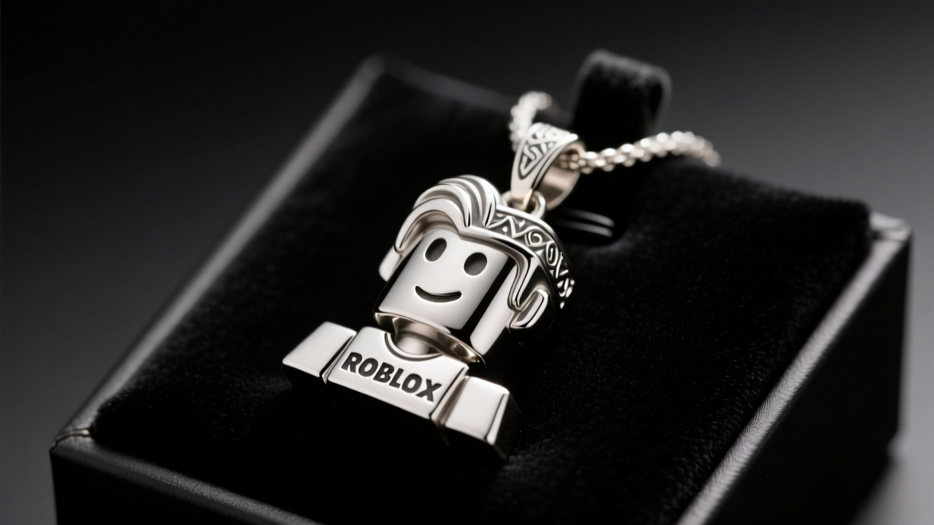 Close-up of a custom 3D-cast sterling silver Roblox avatar pendant on a dark velvet display pad under warm studio lighting.