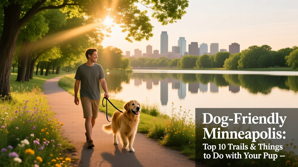 A pet parent walking their dog along a tree-lined, lakeside trail in Minneapolis, with calm water and greenery visible.