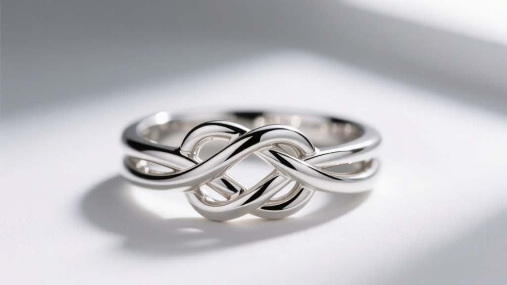 Macro shot of a rhodium-plated sterling silver mother-daughter knot ring showing a high-polish finish and secure prongs.