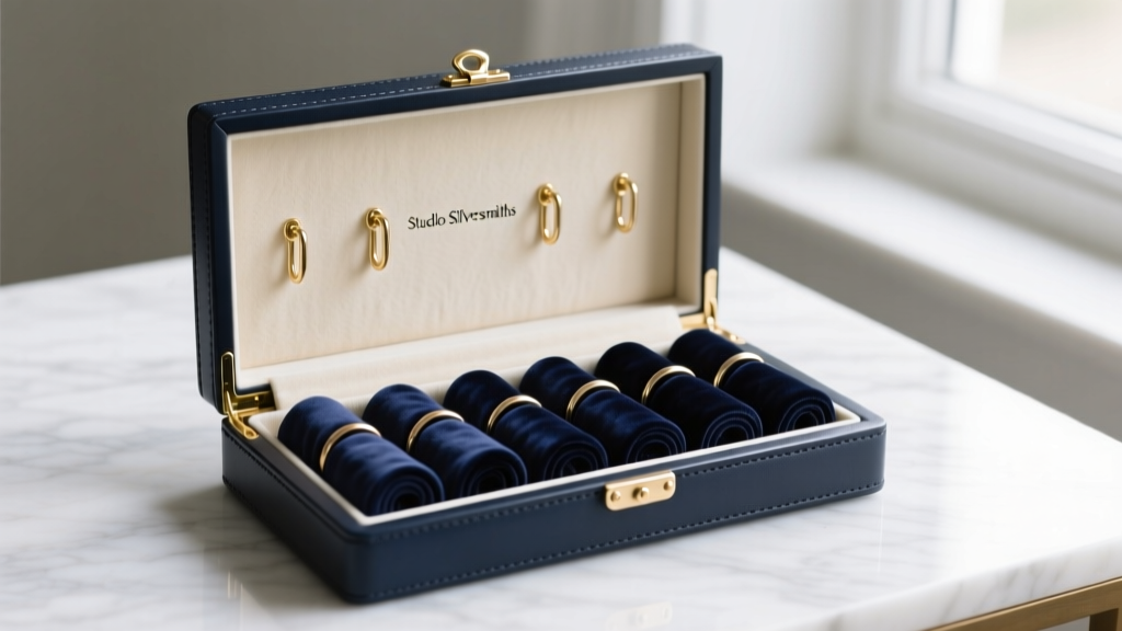 Open navy Studio Silversmiths leather box on marble, showing cream suede interior, brass hooks, and plush velvet ring rolls.