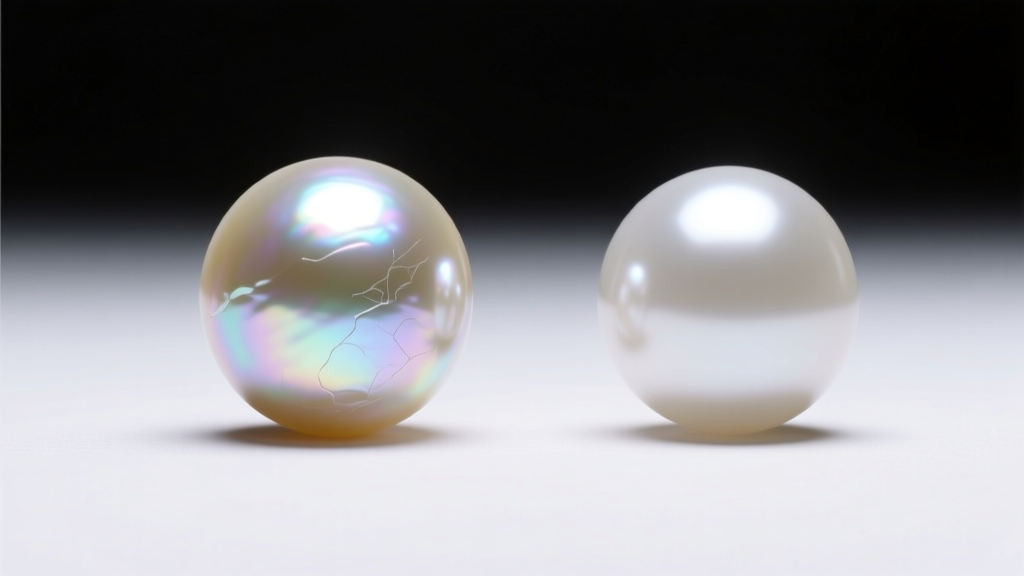 Comparison showing a lustrous saltwater keshi stick pearl next to a matte glass imitation pearl under bright gemological lighting