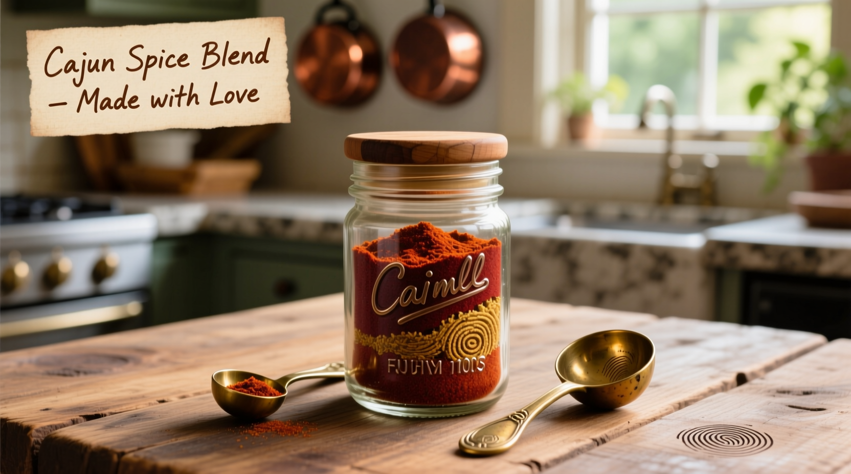 Homemade Cajun spice blend in glass jar with measuring spoons