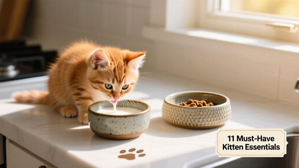 Close-up of a kitten drinking from a ceramic water bowl beside a matching food dish on a clean kitchen counter