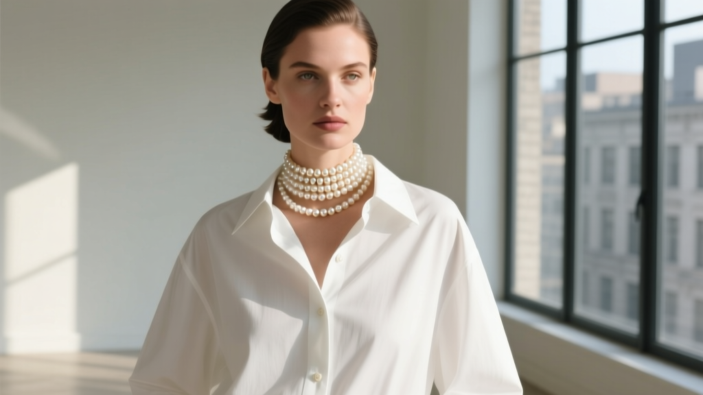Woman wearing a layered vintage Henri Bendel glass pearl choker over a crisp white oversized poplin button-down shirt in daylight