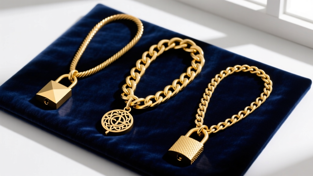 Stylized flat lay of three gold chain link styles—cable, curb, and figaro—paired with varying gold lock pendants on a velvet pad.