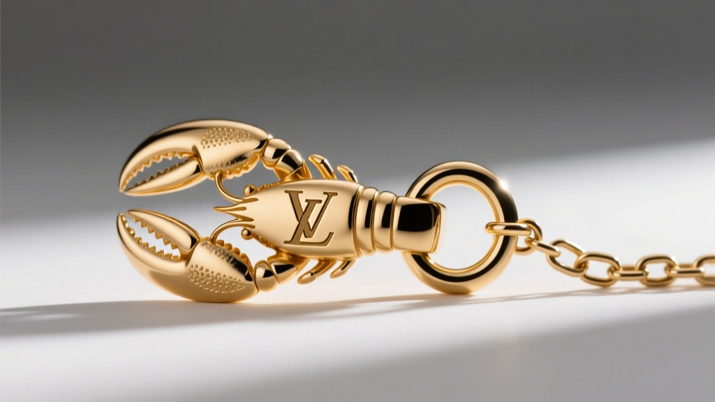 Detailed view of a gold-plated brass lobster clasp with an engraved logo, attached to a soldered jump ring and extender chain.