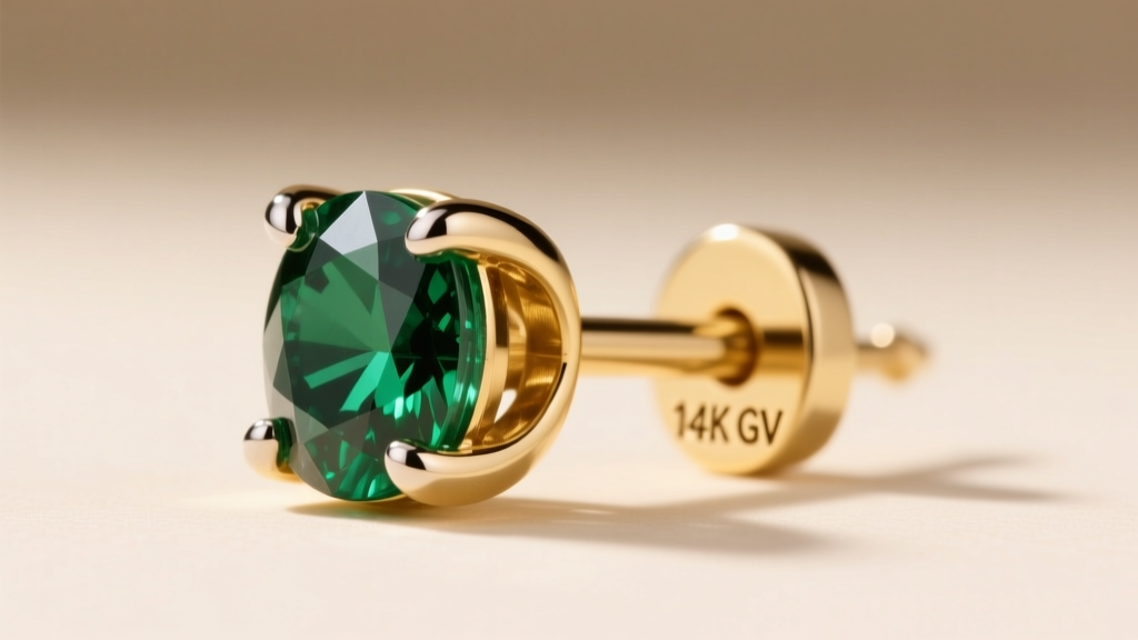 Macro view of 14kt gold vermeil emerald earring setting, highlighting the four-prong structure and metal hallmark stamps on post