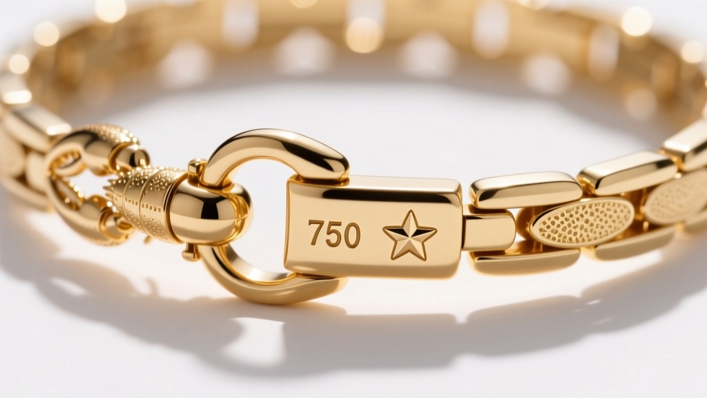 Macro shot of a tiny lobster clasp on an Italian gold bracelet, showing the stamped 750 purity mark and a star maker's mark.