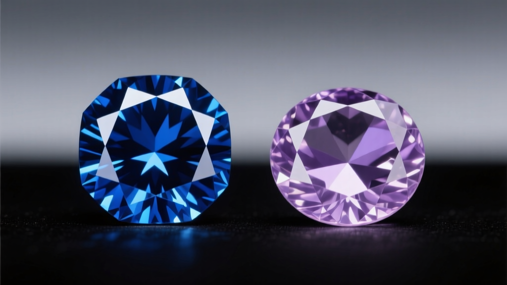 Macro shot comparing a brilliant-cut blue sapphire and a rose-cut tanzanite gemstone under professional jewelry lighting.