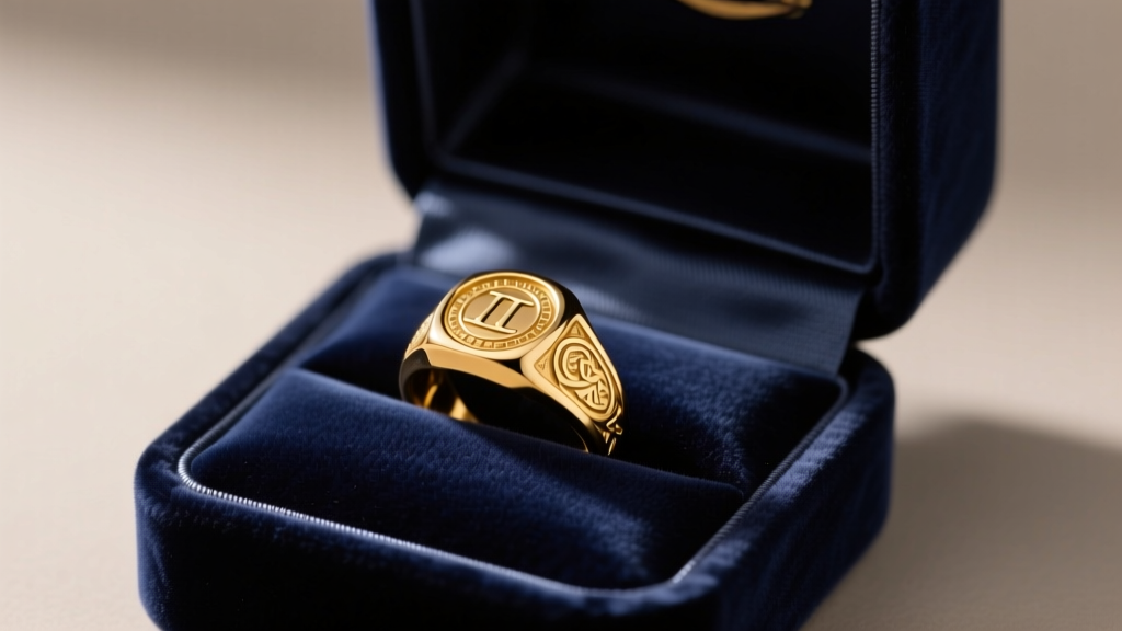 Open navy velvet jewelry ring box with anti-tarnish lining holding a polished gold signet ring under soft studio lighting