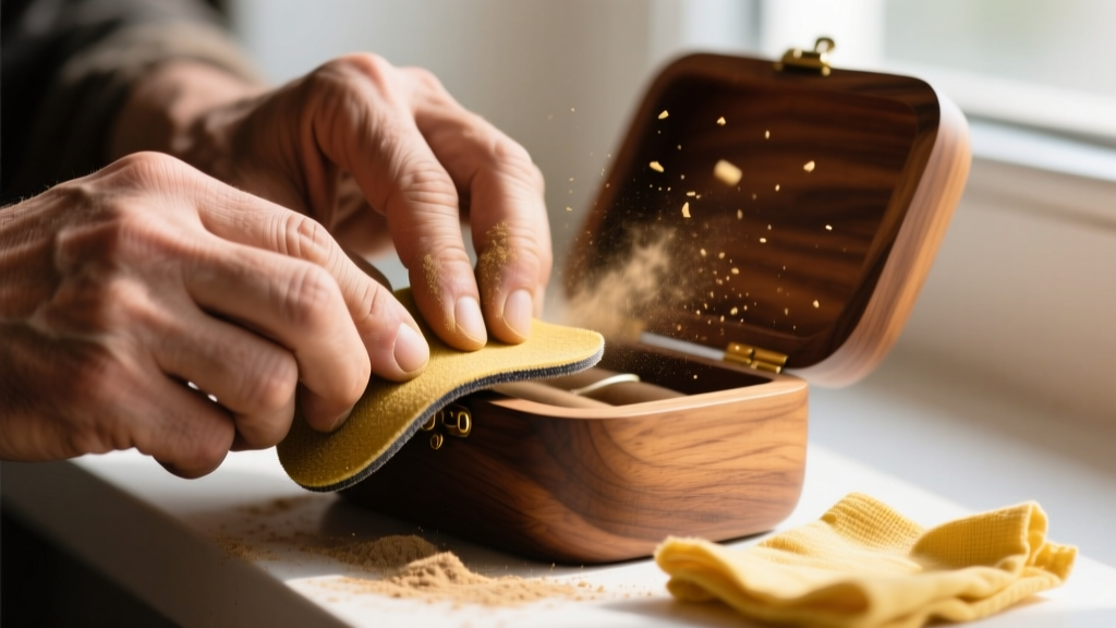 Close-up of hands using 220-grit sandpaper on a curved wooden jewelry box edge, with fine dust and a yellow tack cloth nearby.