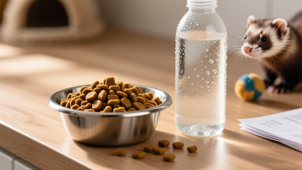 A close-up of high-protein ferret kibble in a stainless-steel bowl beside a water bottle