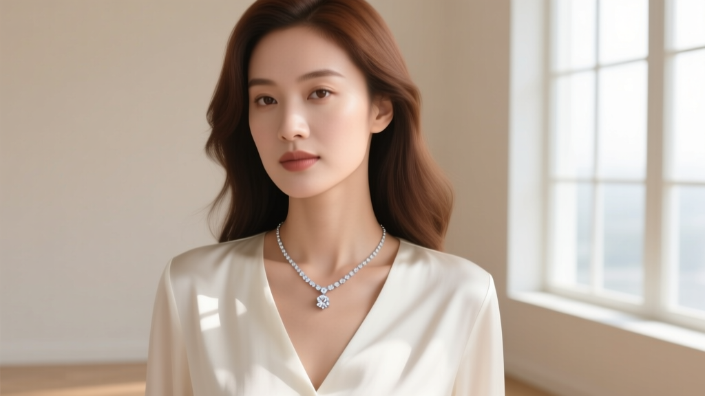 Woman in a V-neck blouse showcasing a diamond dangle necklace resting on her collarbone, photographed in bright natural daylight.