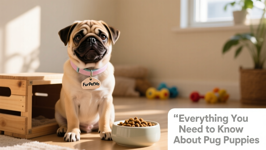 A joyful Pug puppy sitting beside a small crate and food bowl, wearing a soft collar with a FurPetVo tag