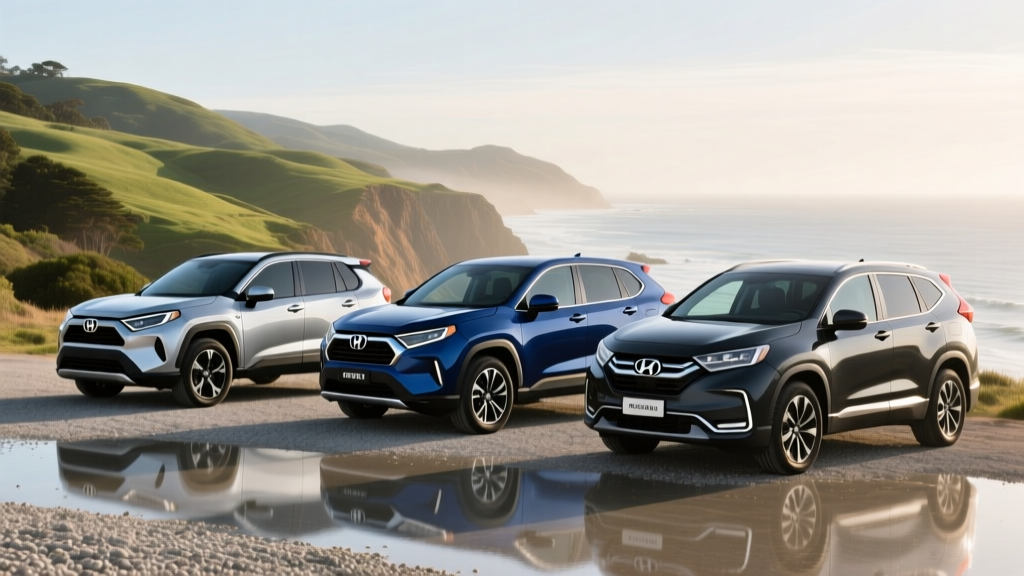 Side-by-side profile comparison of the 2026 Toyota RAV4 Hybrid, Honda CR-V Hybrid, and Hyundai Tucson Hybrid parked in a scenic outdoor setting.