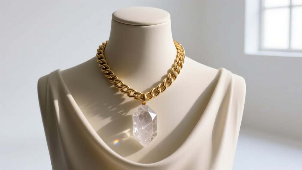 Mannequin bust wearing a heavy 4mm gold rope chain with a large quartz pendant, perfectly centered over a draped cowl neckline.