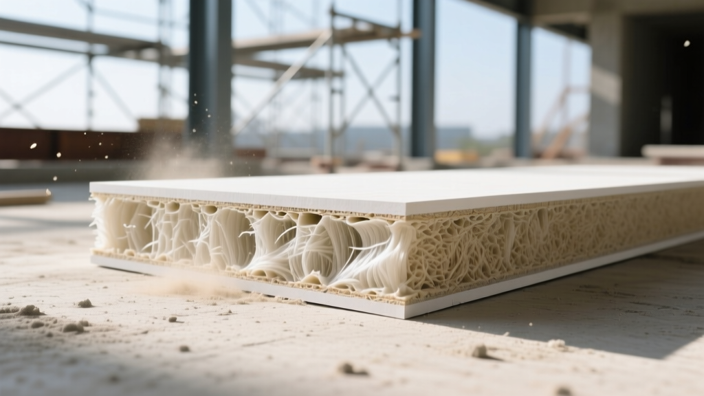 Cross-section of 5/8-inch Type X gypsum board showing dense fiberglass-reinforced core and tapered paper edges on a bright construction site