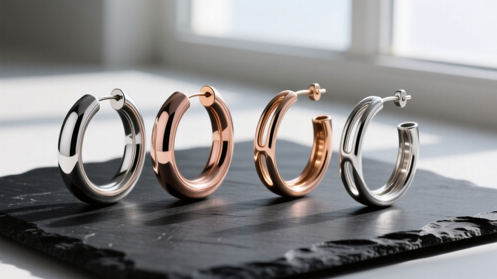 Flat lay of oversized hoop earrings on dark slate, highlighting visual difference between solid wire and hollow metal tubing