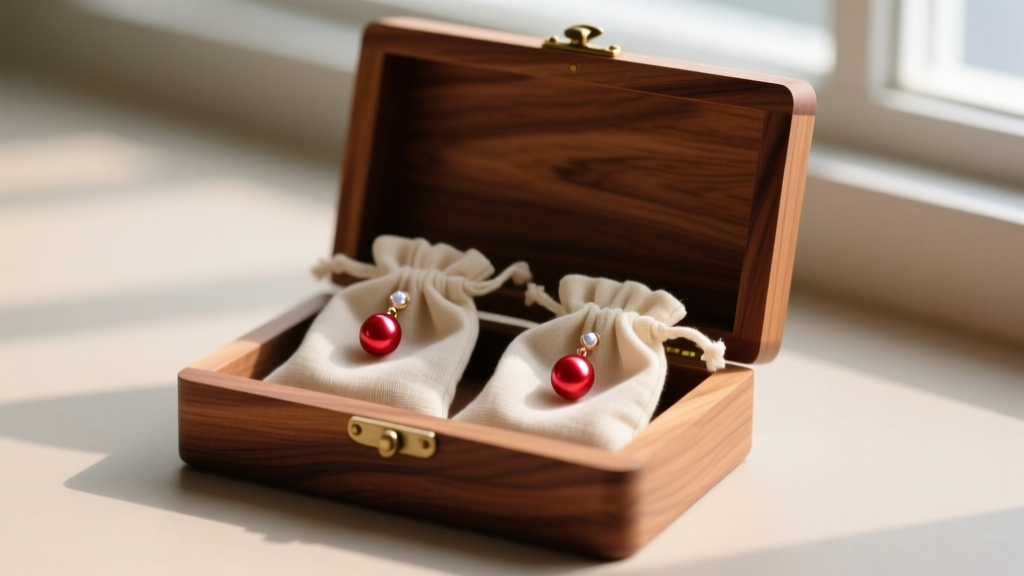 Open cedar box with red pearl drop earrings inside unbleached silk pouches to prevent moisture trapping and surface scratches.