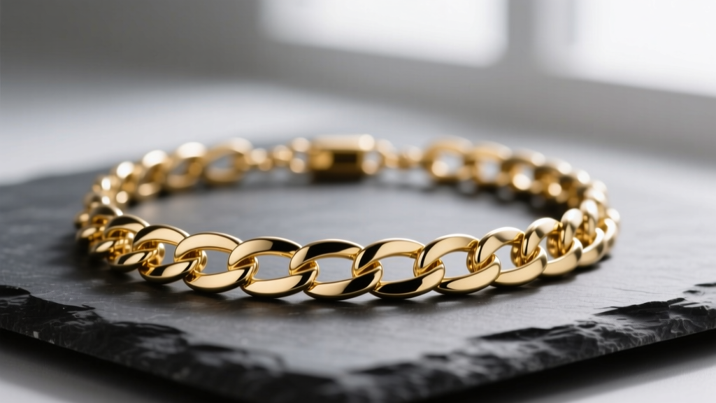 Close-up of a polished 14k solid gold flat curb chain necklace resting on dark slate, highlighting broad reflective surface links