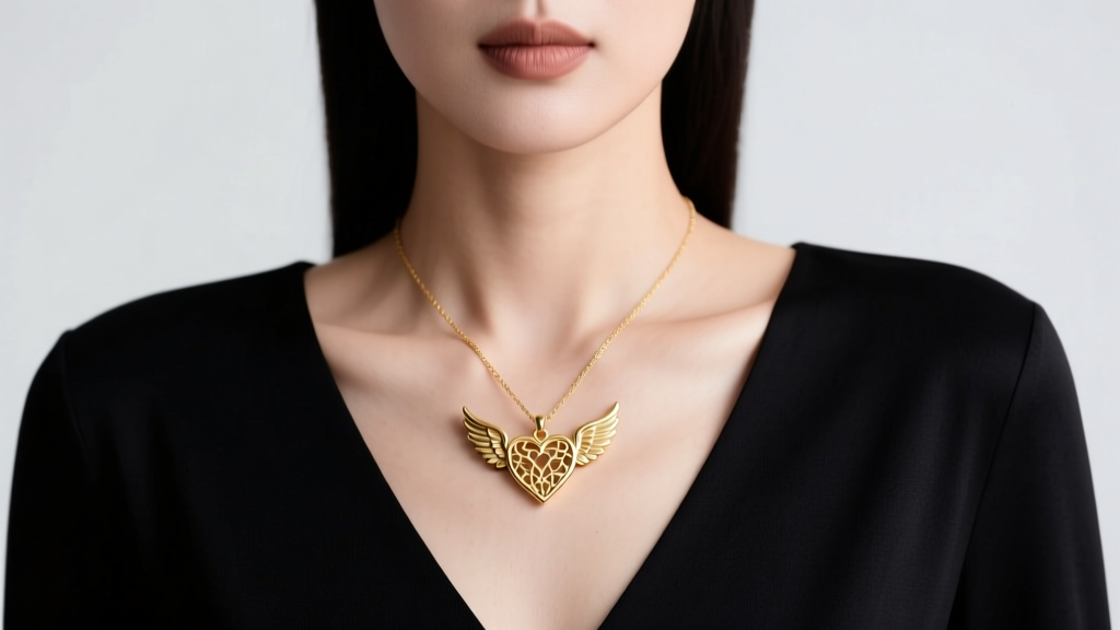 Woman wearing a gold heart and angel wing necklace, pendant resting flat and centered on her collarbone over a dark V-neck top.