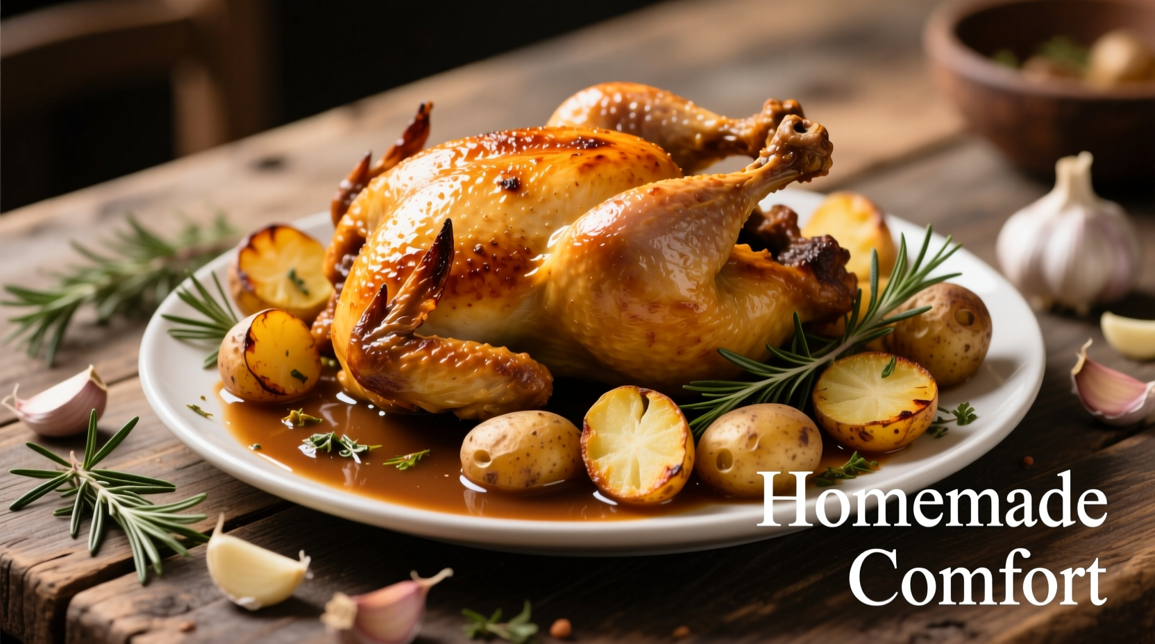 Traditional meat and potatoes dish with roasted chicken and golden potatoes